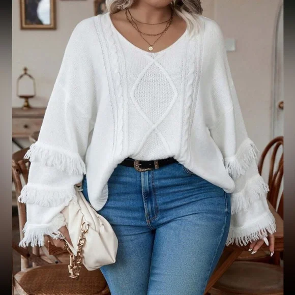 Plus size cozy fringe detail cable knit sweater top